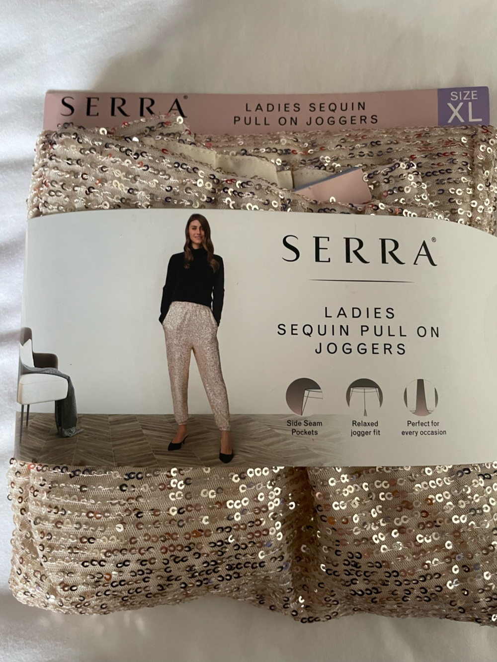 Serra Gold/Champagne Sequin Pull-On Joggers. New in original packaging.